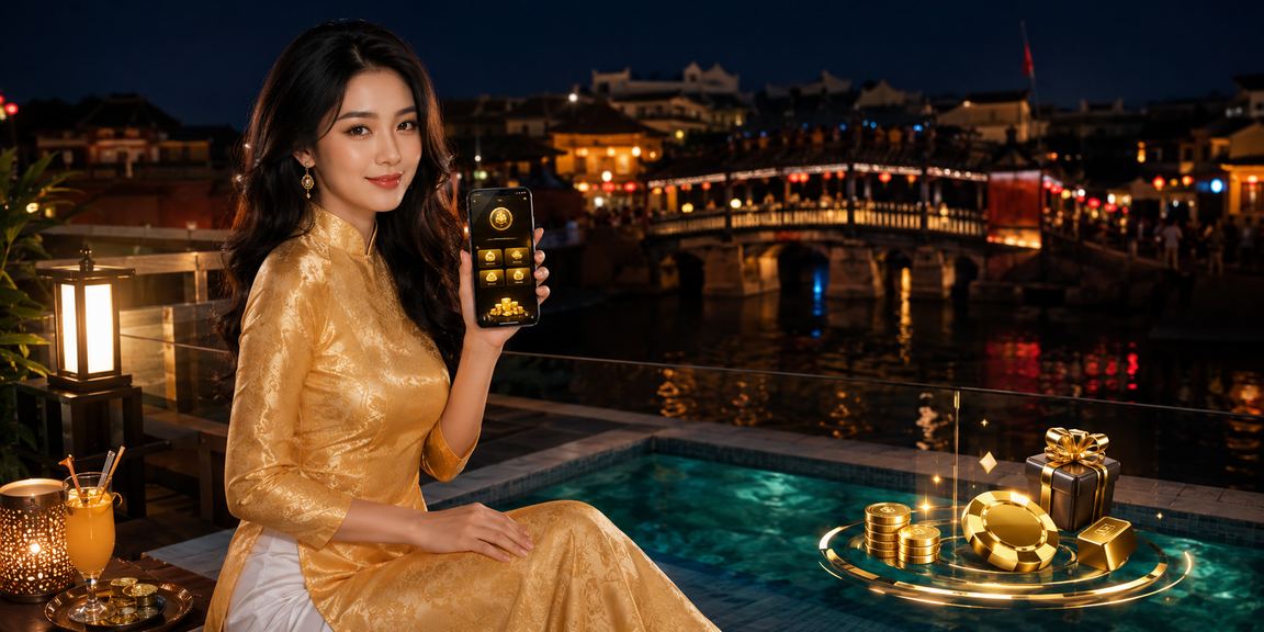 Người phụ nữ mặc áo dài tại Hội An sử dụng ứng dụng casino trên điện thoại