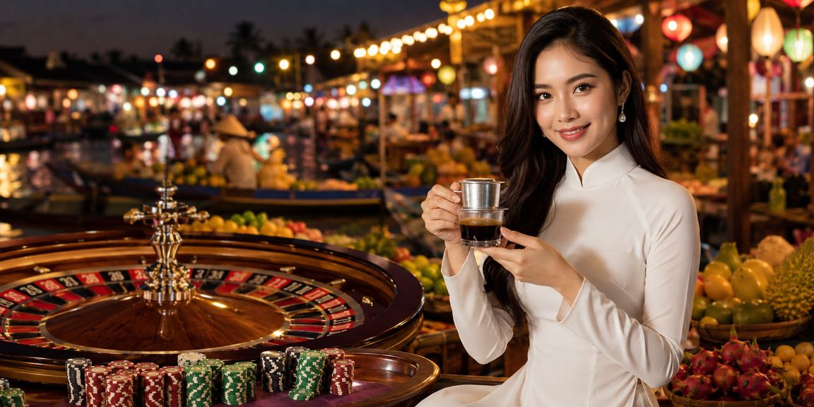 Người phụ nữ mặc áo dài chơi roulette bên sông Mekong trong không gian casino sang trọng